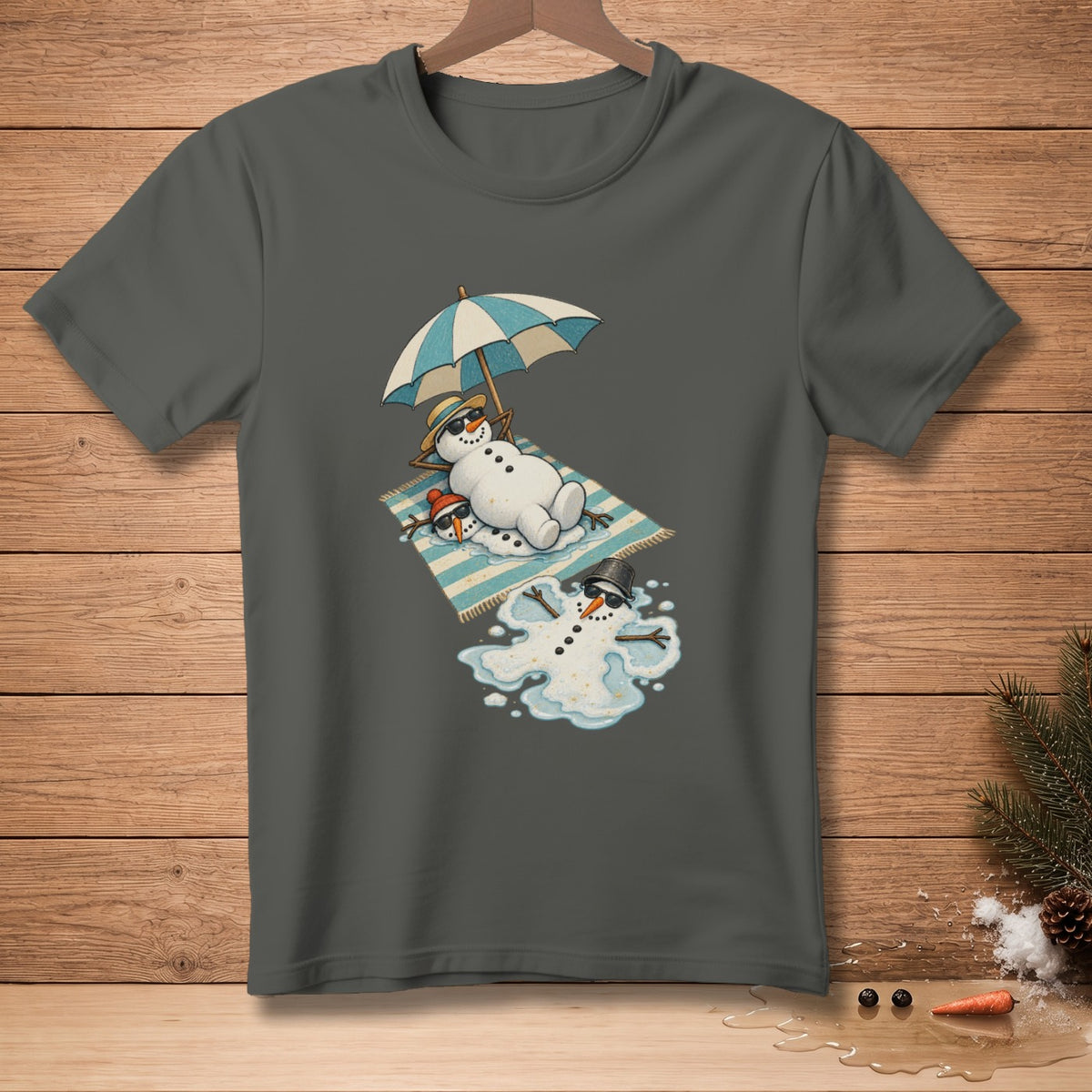 Melting snowmen on beach towel under umbrella with melted snowman.