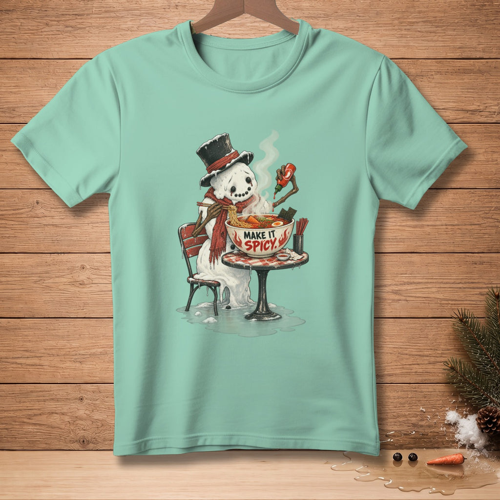 Snowman in top hat eating ramen, text "MAKE IT SPICY" on bowl.