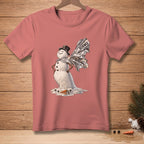 Melting snowman with top hat and cape reading "SCIENCE" on a pink t-shirt.