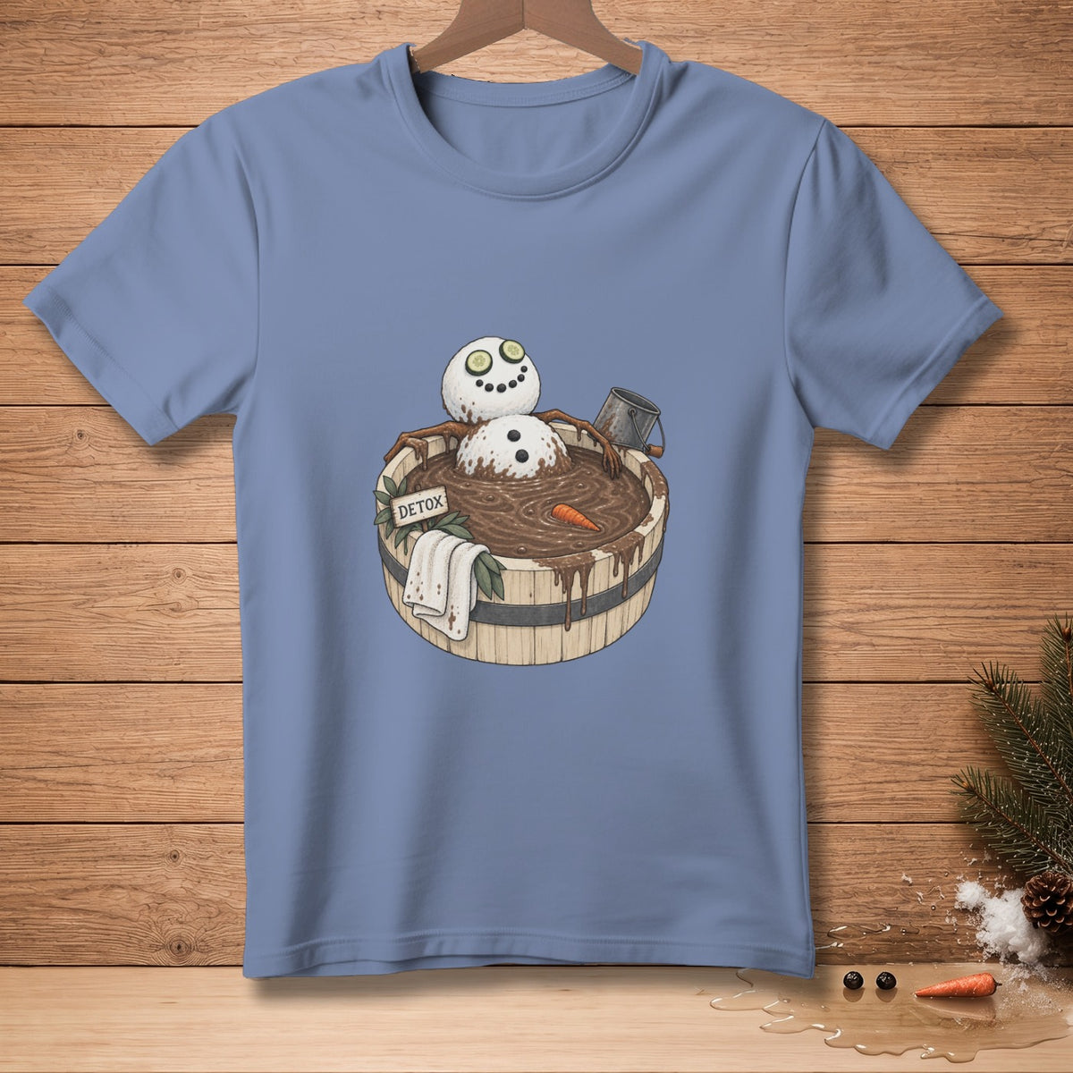 Snowman taking a mud bath in wooden tub with detox sign and carrot.