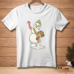 White t-shirt with a melting snowman wearing a crown and "Miss Sunshine" sash.