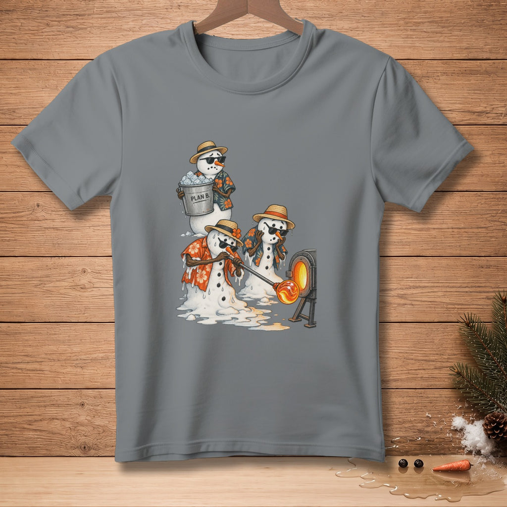 Three melting snowmen in Hawaiian shirts and sunglasses, one holding a bucket labeled "PLAN B."