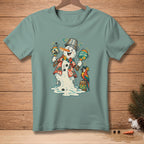 Melting snowman in Hawaiian shirt plays maracas with parrot, "Feel the Rhythm" text.