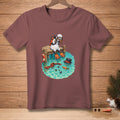 Snowman diver on a dock with scarf, hat, and carrots in the water.