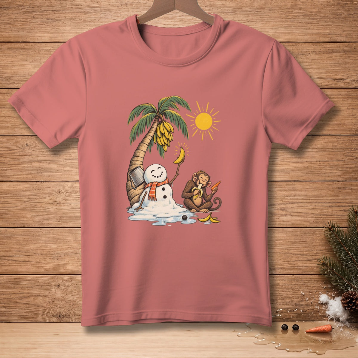 Melting snowman, monkey with banana, and palm tree on t-shirt.