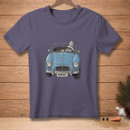Blue vintage car with snowman driver wearing a bucket and a carrot nose, "PERFECT." license plate.