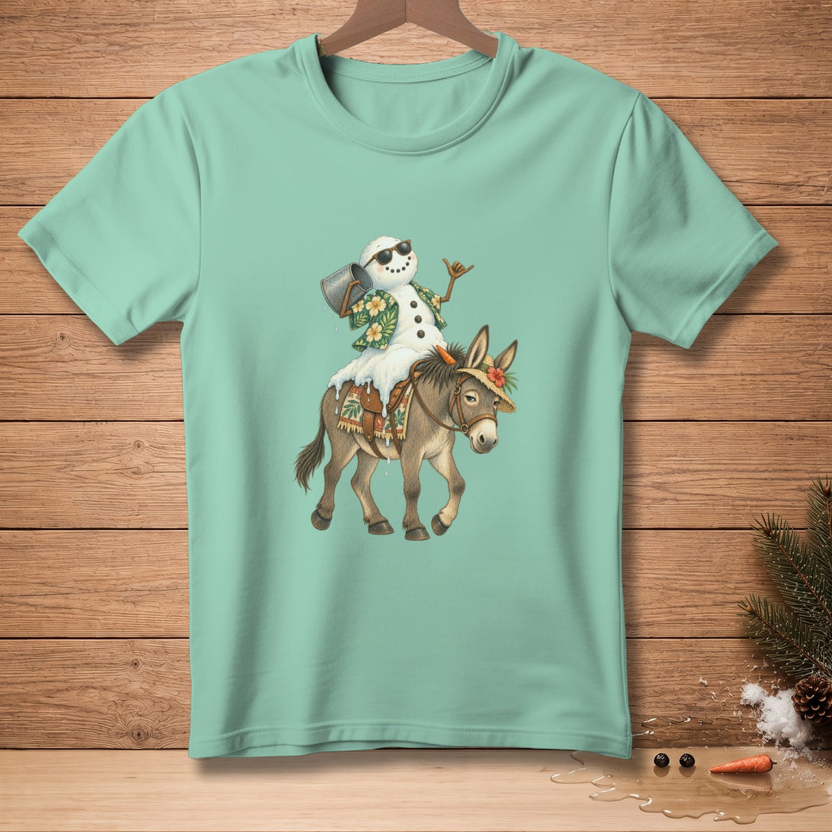 Snowman in sunglasses riding a donkey wearing a straw hat and tropical shirt.
