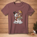Melting snowman in a top hat holding a s'more with text "STICKY SITUATION."