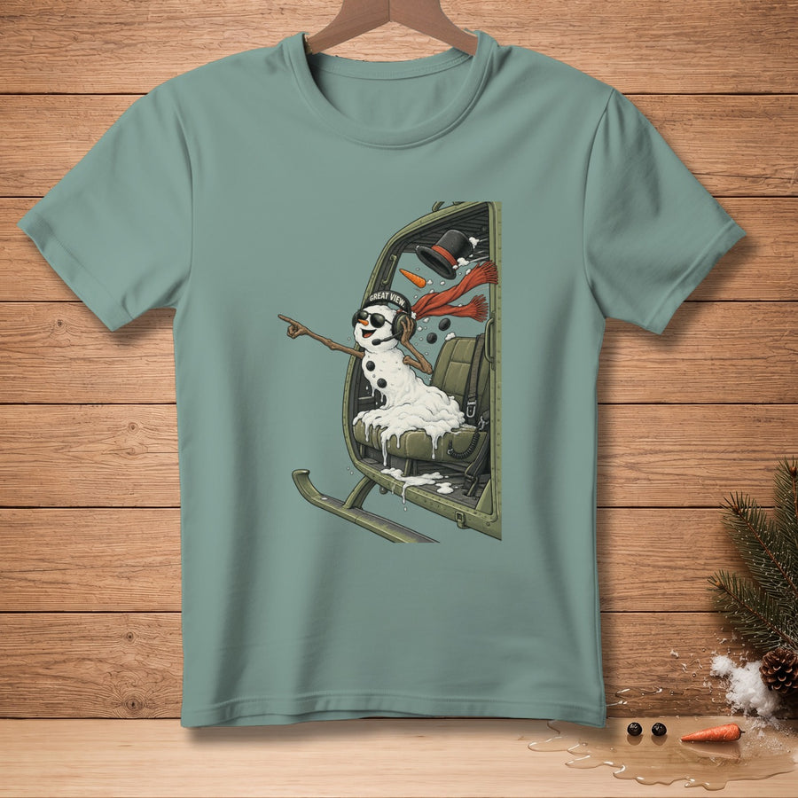 Snowman in helicopter cockpit wearing sunglasses and headset, pointing forward.