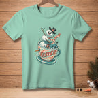 Teal t-shirt with a festive snowman in a mug graphic and "FASTER" text.