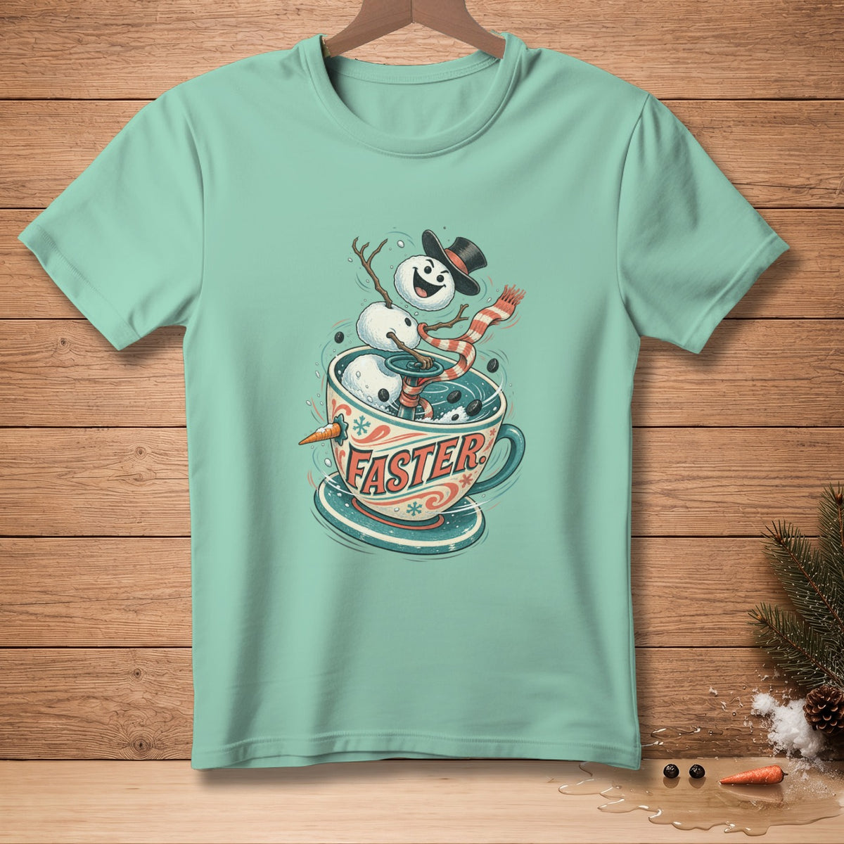 Teal t-shirt with a festive snowman in a mug graphic and "FASTER" text.