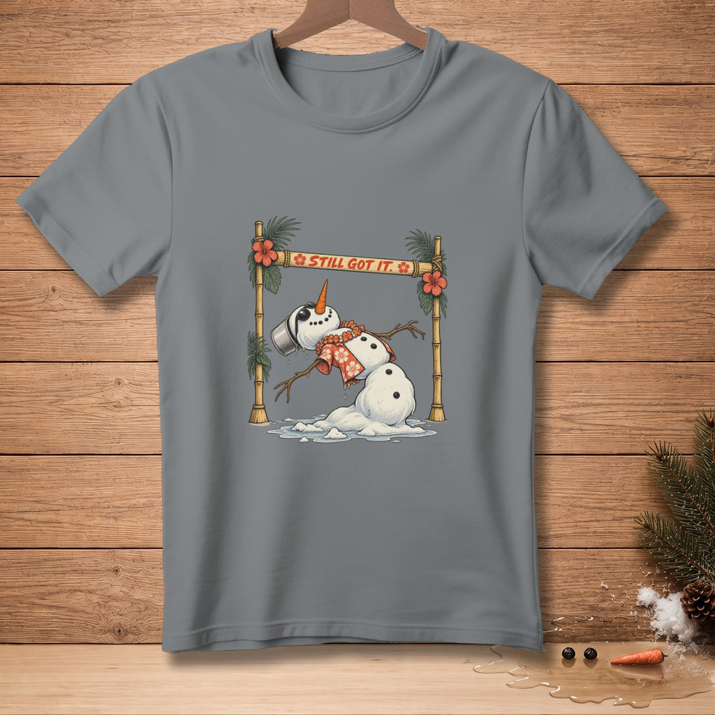 Melting snowman in tropical setting with text "STILL GOT IT."