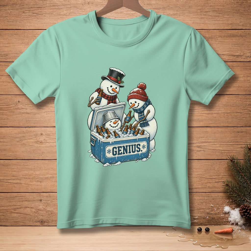 Snowmen gather around a cooler with bottles, "Genius" printed on it.