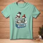 Snowmen gather around a cooler with bottles, "Genius" printed on it.