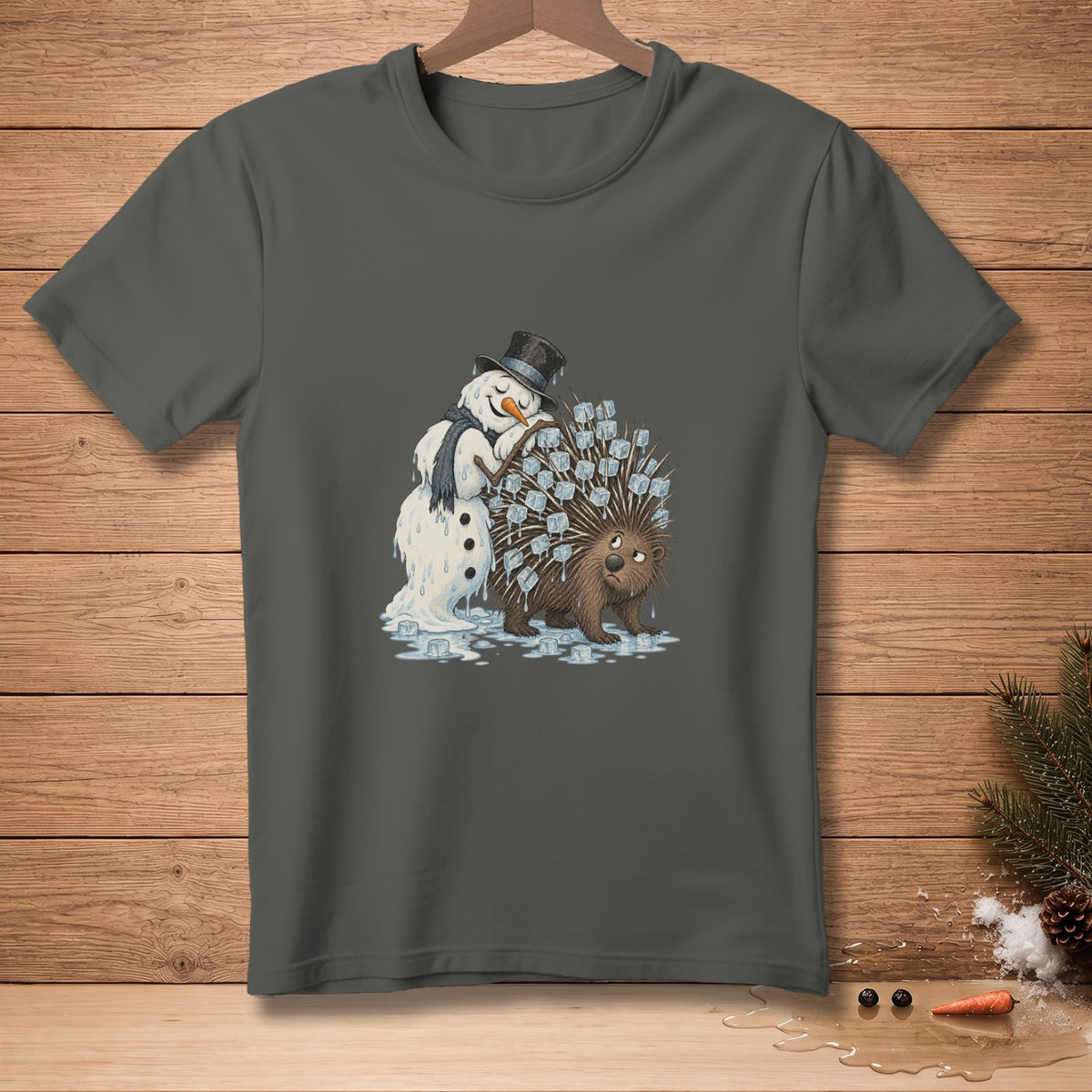 Snowman hugs porcupine covered in ice cubes on a t-shirt.