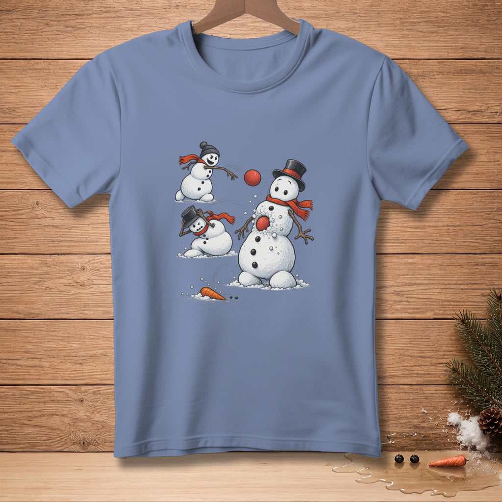 Cartoon snowmen playing snowball fight on a blue t-shirt.