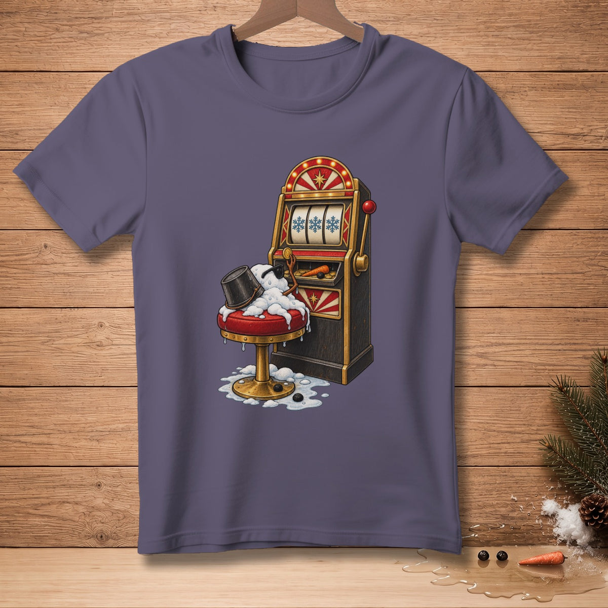 Melting snowman on a stool next to a slot machine with snowflakes.