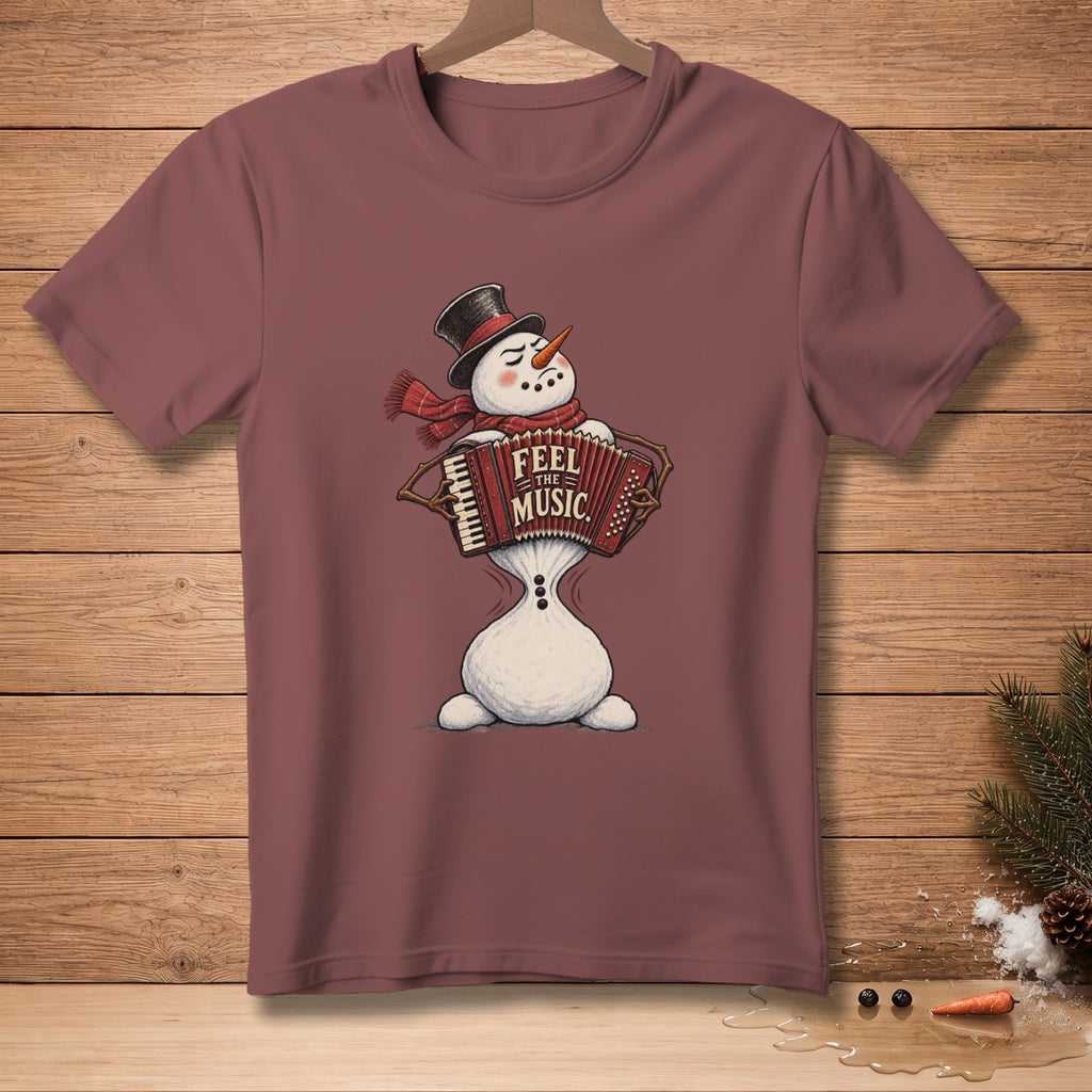 Snowman wearing a top hat and scarf playing an accordion with "Feel the Music" text.