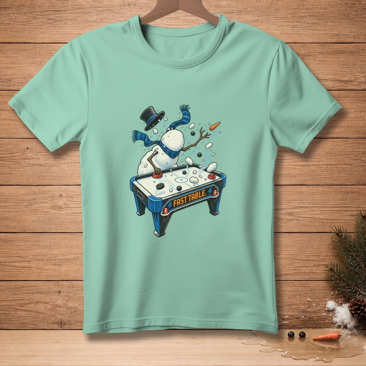 Snowman playing air hockey on a table with "FAST TABLE" text.