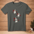 Dark gray t-shirt with three snowmen jumping rope on the front.