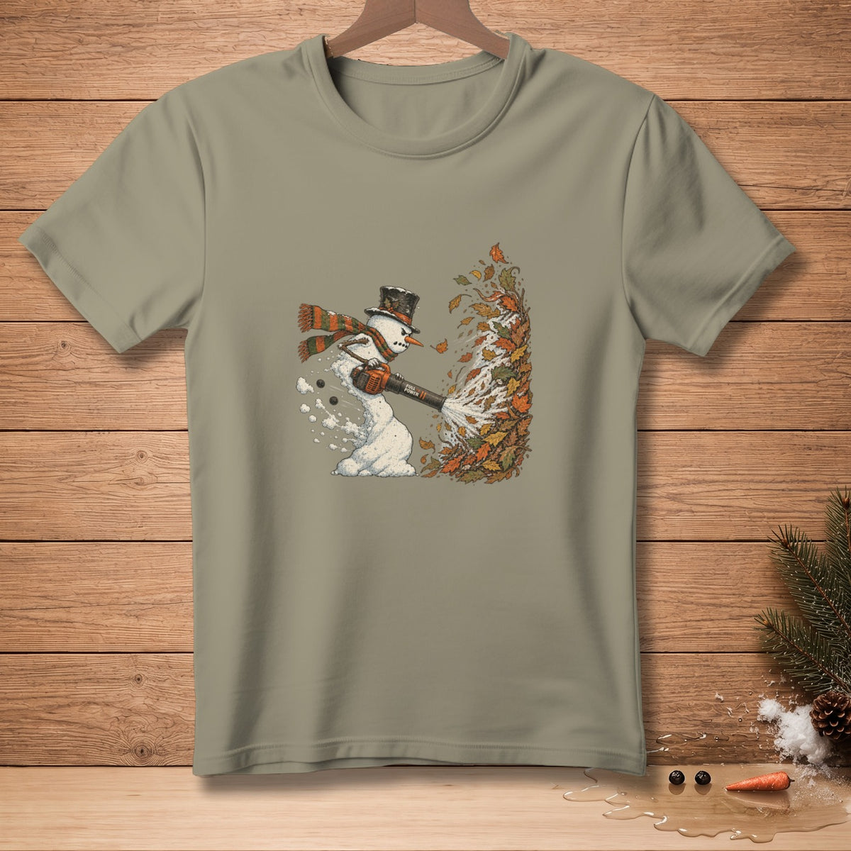 Snowman in top hat and scarf blowing leaves with a leaf blower.