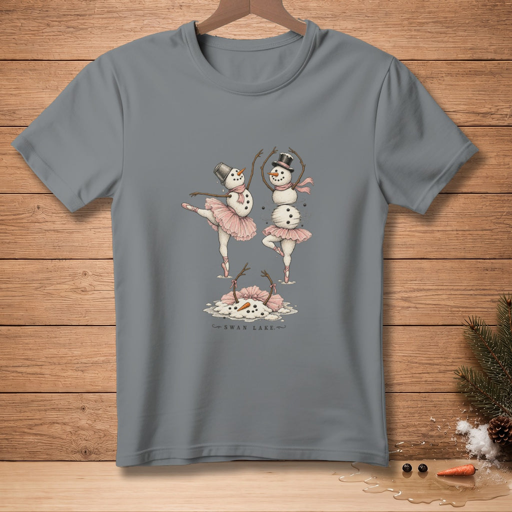 Gray t-shirt with whimsical Swan Lake ballet dancers made of snowmen and snow.