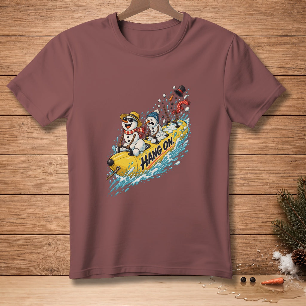 T-shirt with cartoon snowmen riding a banana boat with text "HANG ON."