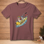T-shirt with cartoon snowmen riding a banana boat with text "HANG ON."