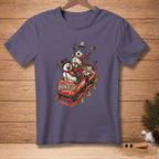 Snowmen on a rollercoaster with "Hands Up" on the car.