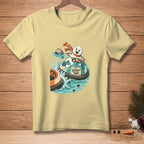 Snowman in bumper car with "Round Two" text on a light yellow t-shirt.