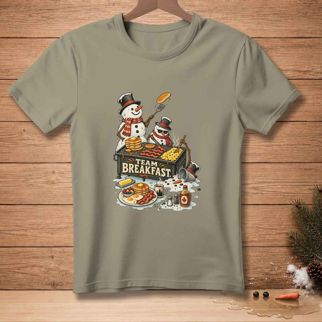 Two snowmen cook a large breakfast with "TEAM BREAKFAST" text.