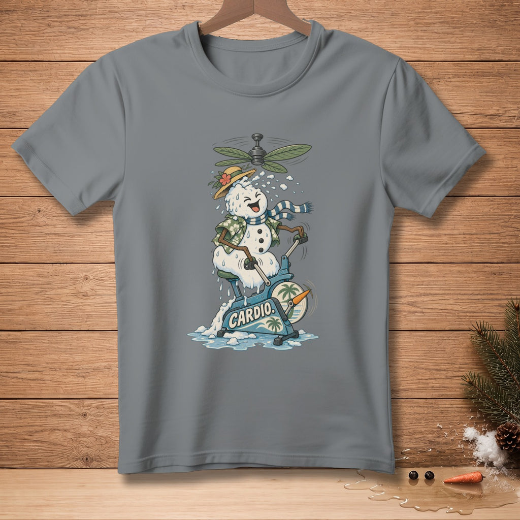 Snowman on stationary bike with "CARDIO" text, melting under a fan.