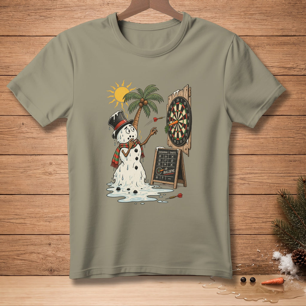 Melting snowman playing darts under a palm tree with a scoreboard.
