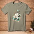T-shirt with melting snowman on beach towel, "Vacation Mode" text.
