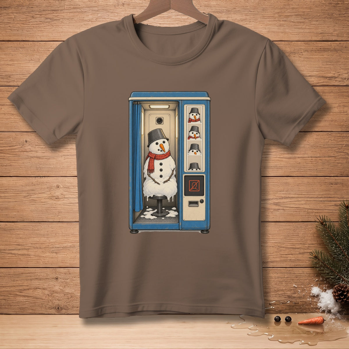 Snowman in a photo booth with melting snow and a "no" symbol.