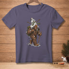 Bigfoot carrying a melting snowman with a bucket hat on his shoulder.