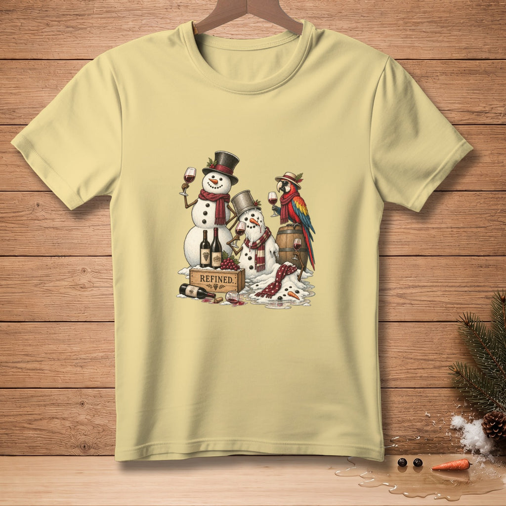 Snowmen with wine glasses, a parrot on a barrel, and wine bottles on a crate.