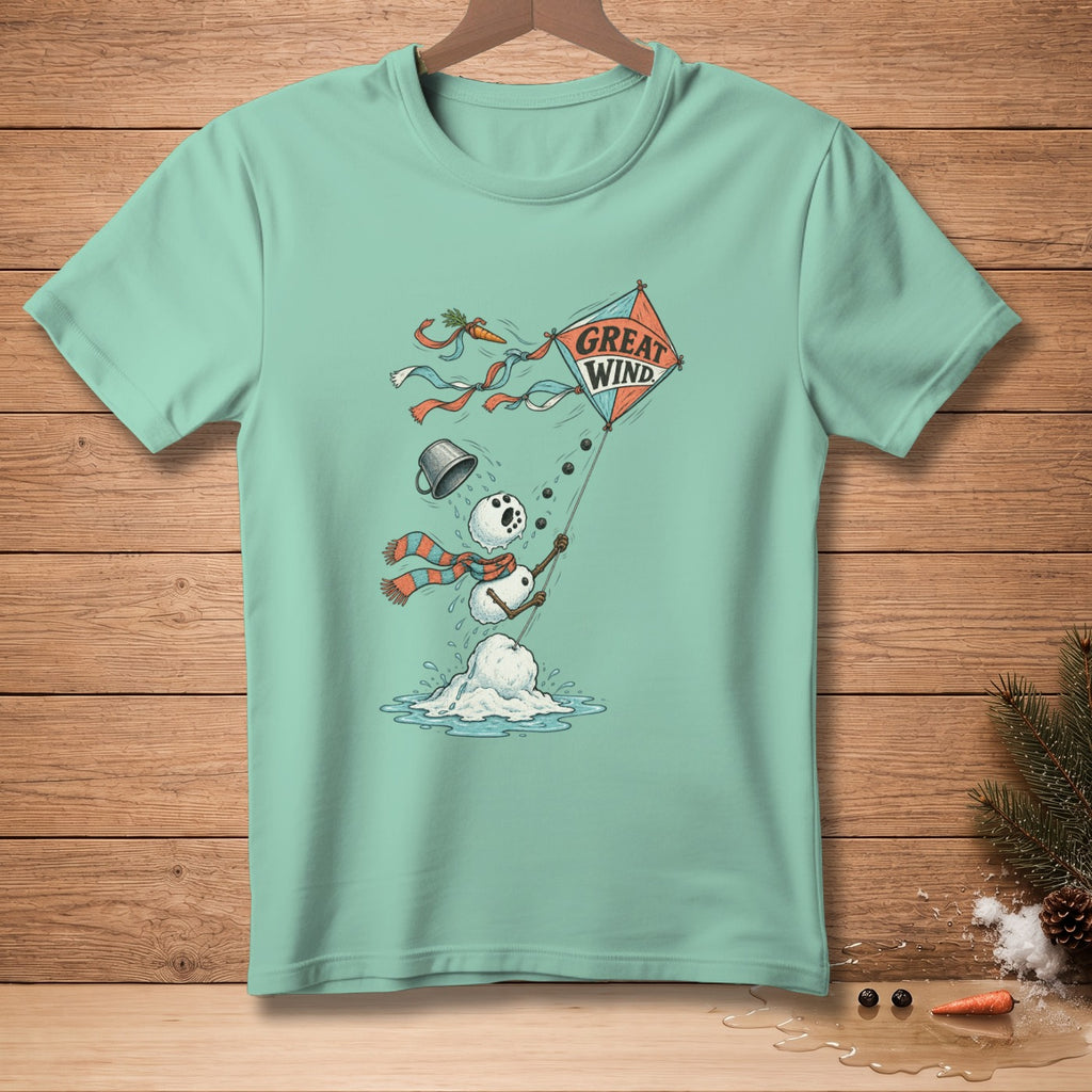 Melting snowman with scarf flying a kite that says "Great Wind".