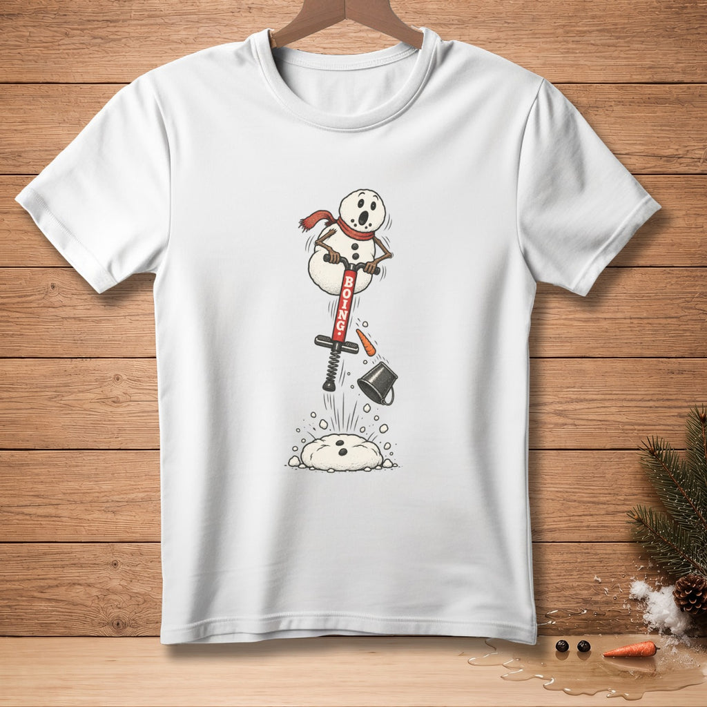 Snowman on a pogo stick with text "BOING," carrot nose, and bucket.