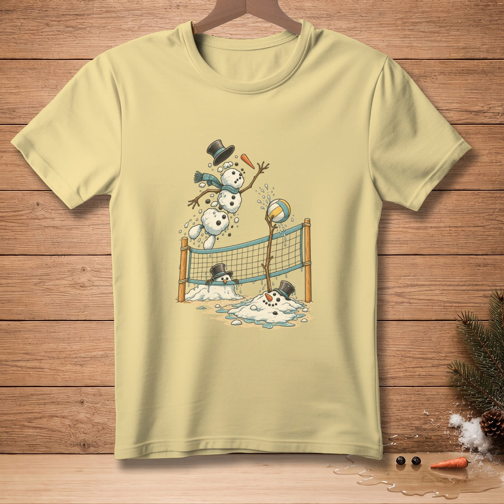 Snowmen playing volleyball with a net on a light yellow t-shirt.