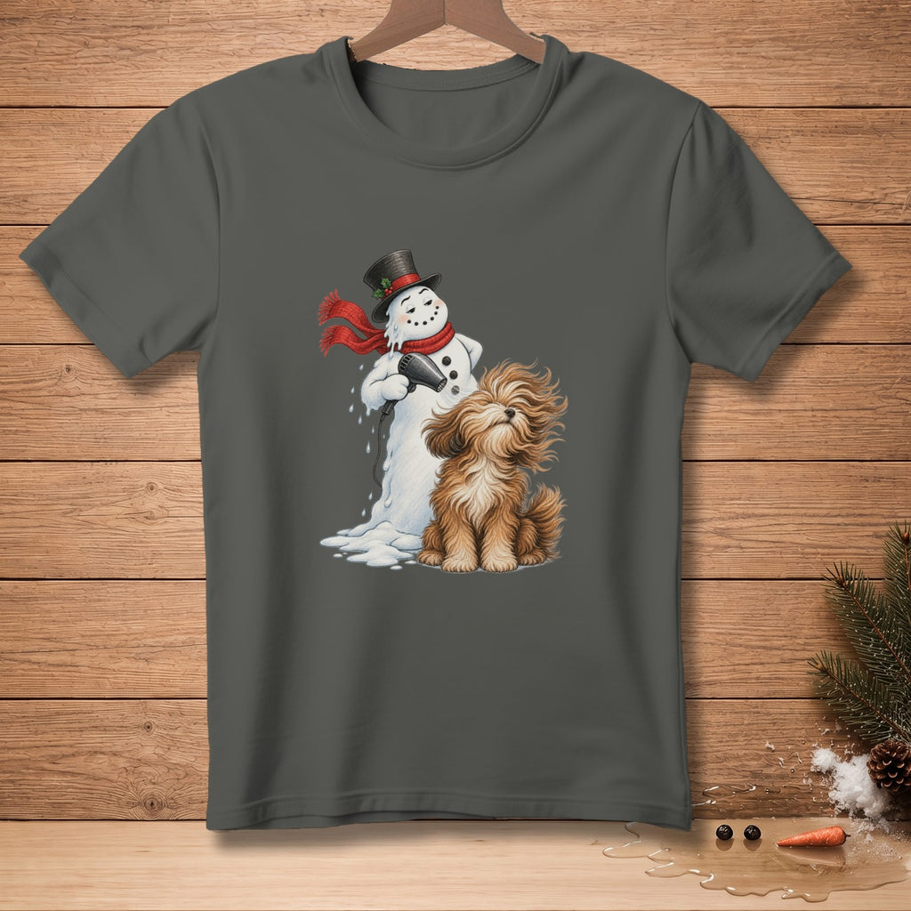 Melting snowman with a hairdryer drying a fluffy dog on a dark gray t-shirt.