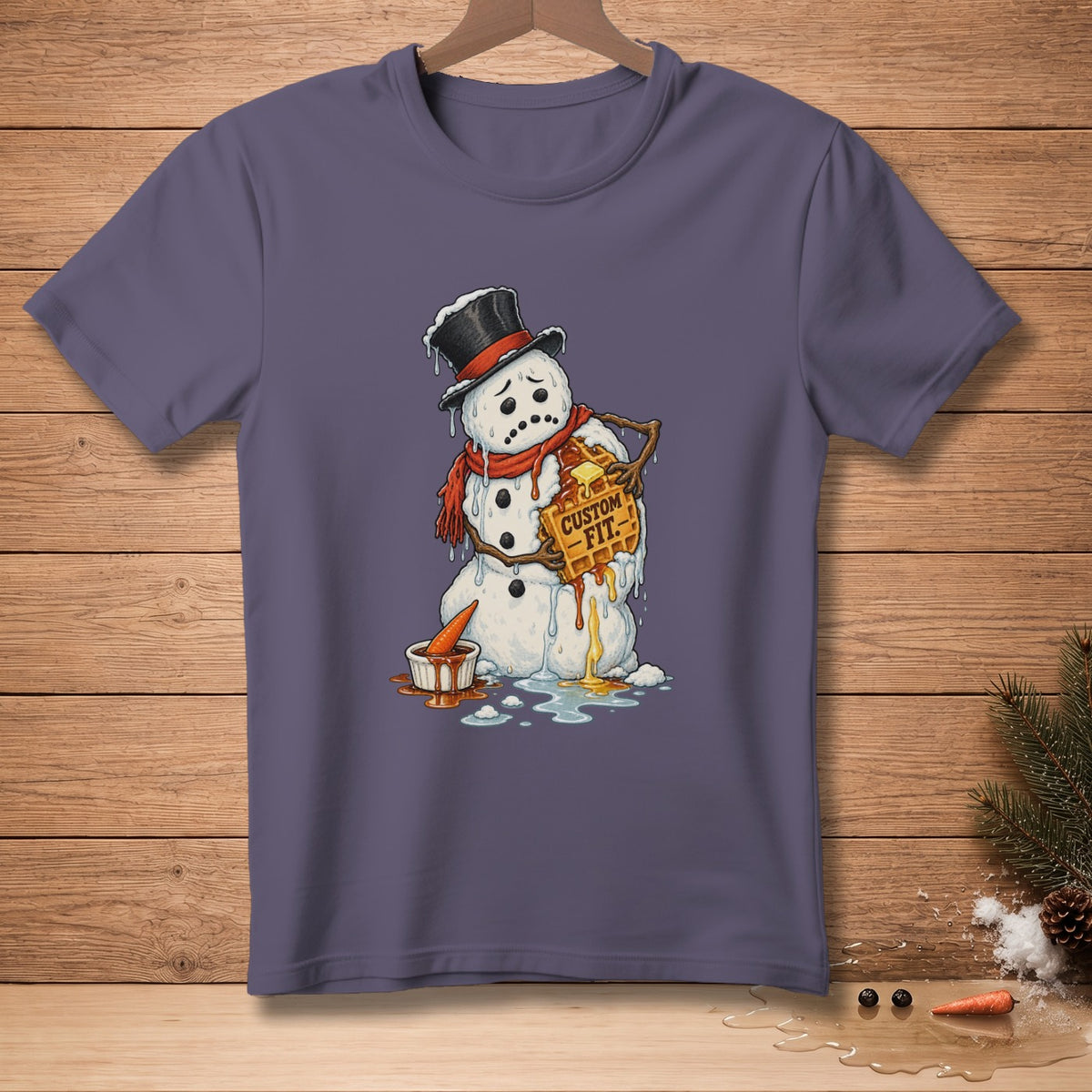 Melting snowman in a top hat and scarf holding a waffle with text "CUSTOM FIT".