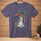 Melting snowman wearing sunglasses and Hawaiian shirt with a parrot and palm tree, text reads "TOTALLY NATURAL".