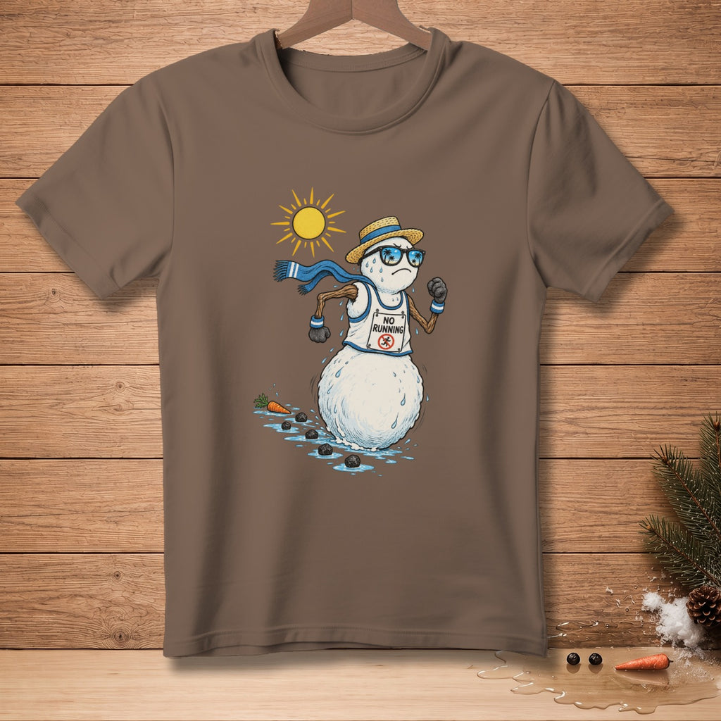 Melting snowman in sunglasses and scarf runs under sun with "No Running" sign.