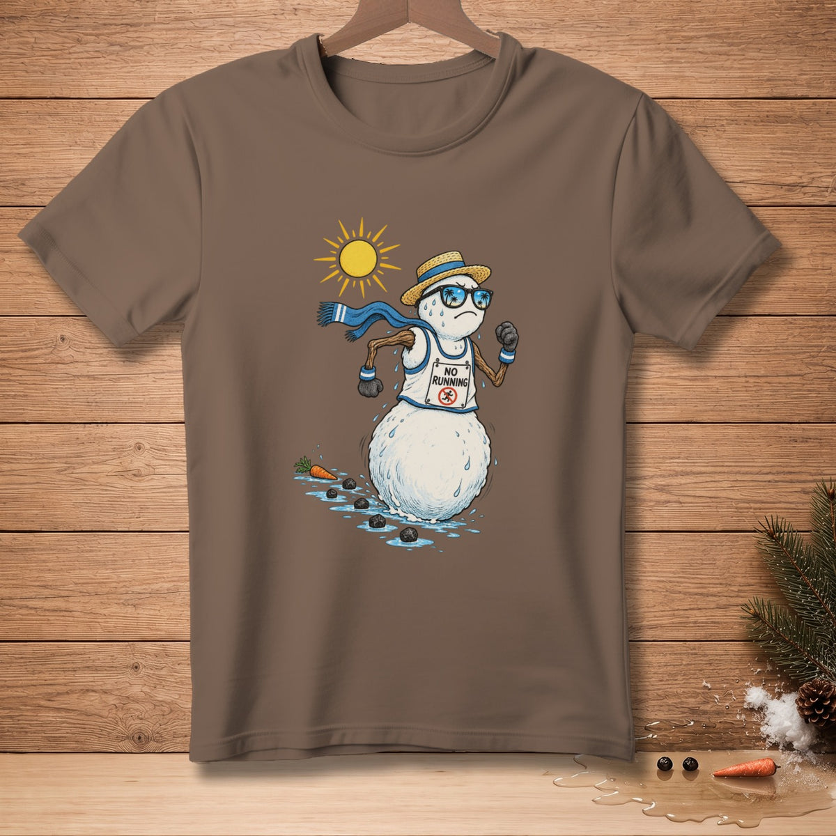 Melting snowman in sunglasses and scarf runs under sun with "No Running" sign.