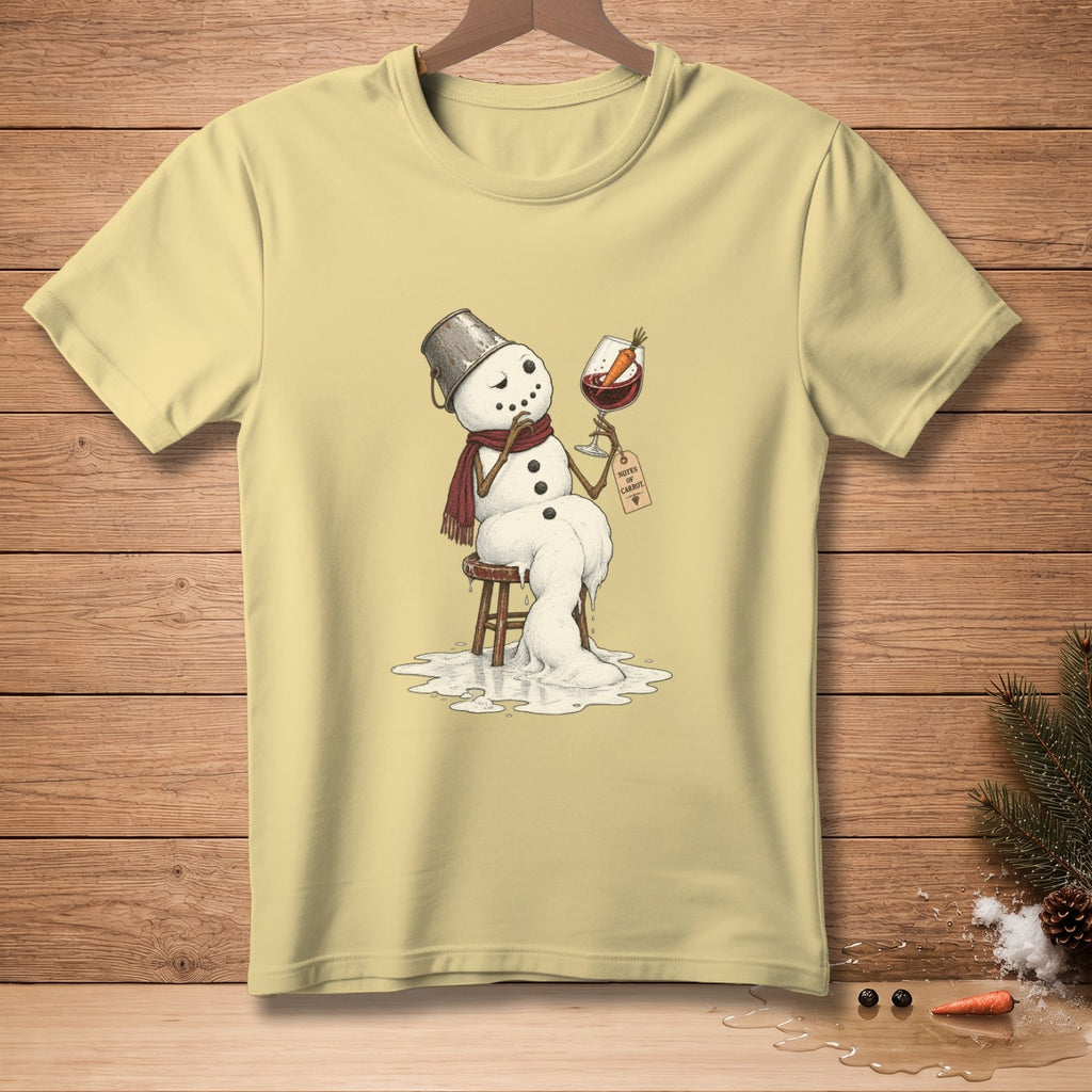 Yellow t-shirt with melting snowman holding wine glass labeled "Notes of Carrot".