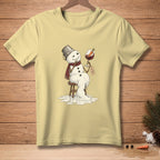 Yellow t-shirt with melting snowman holding wine glass labeled "Notes of Carrot".
