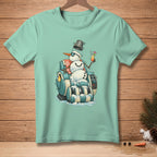 T-shirt with a snowman in a massage chair, holding a drink.