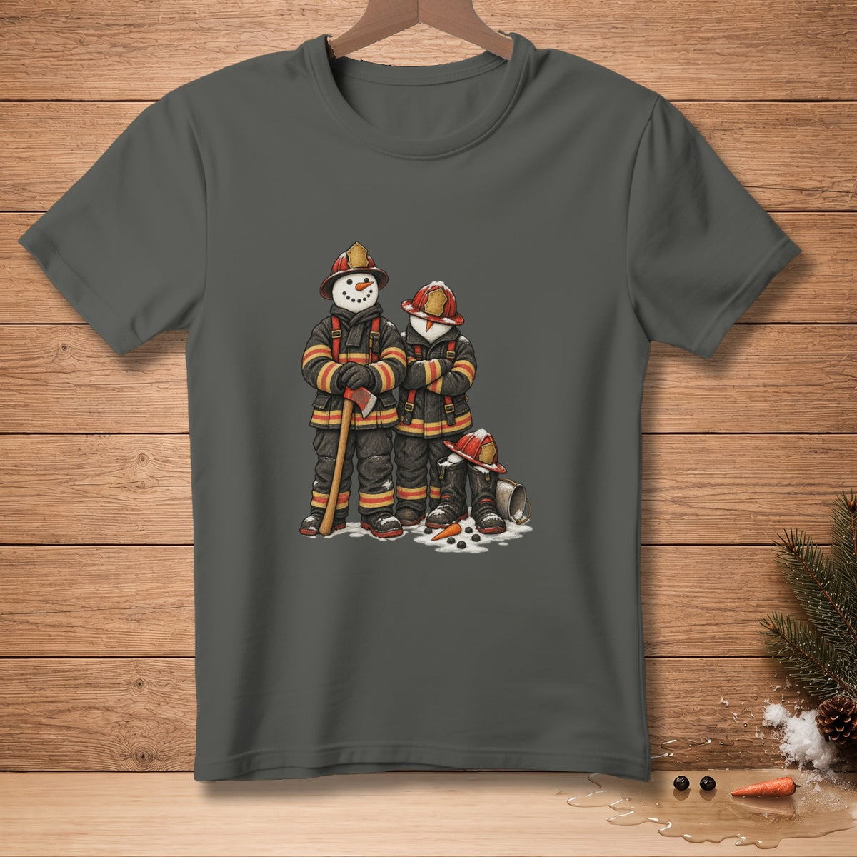 Two snowman firefighters in protective gear stand with an axe, snow, and carrots.