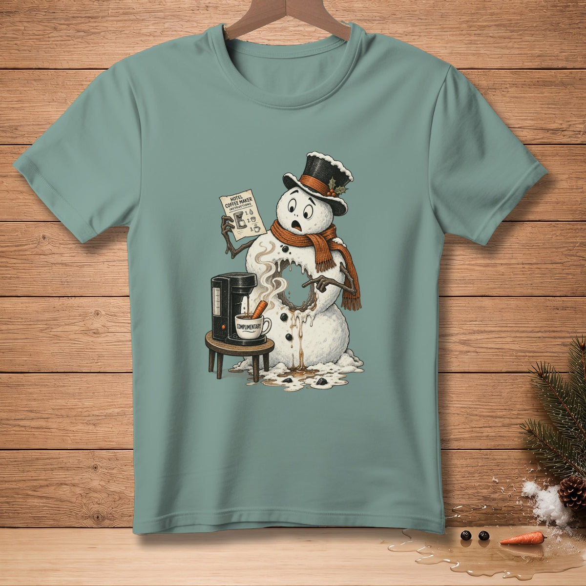 Melting snowman with coffee maker, reading hotel coffee maker instructions.